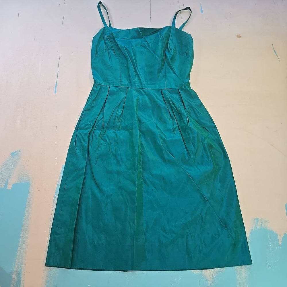 VTG 1950s Women's S Teal Cocktail Dress MCM Satin 16.5" P2P 30"‎ Waist Party USA